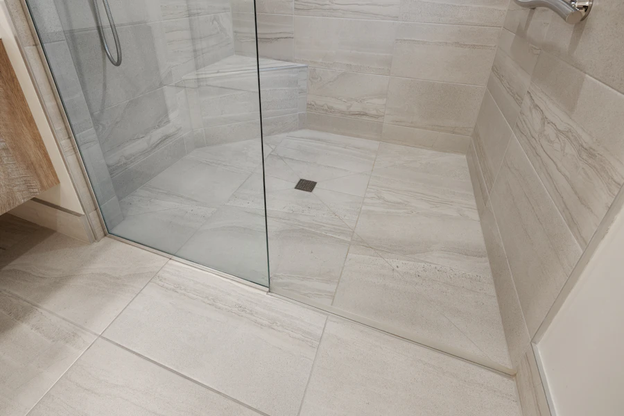 Curbless walk-in shower with a level tile floor and glass panel